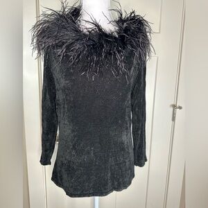 Valerie Stevens Feather Trim Black Velour Holiday Party‎ Top – Women’s Small